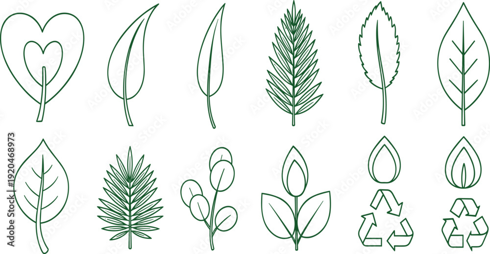 Fototapeta premium Green Leaf Line Icon Set with Botanical Outline, Heart Shape Plant, and Recycling Symbol for Eco Friendly Environment and Organic Nature Design.