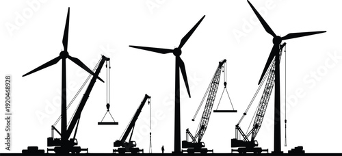 Wind turbine construction with heavy crane installation silhouette vector illustration, renewable energy infrastructure building sustainable electricity generation project site operations