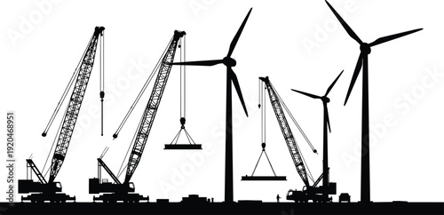 Wind turbine installation with heavy crane machinery silhouette vector illustration, renewable energy construction site building sustainable power generation infrastructure industry