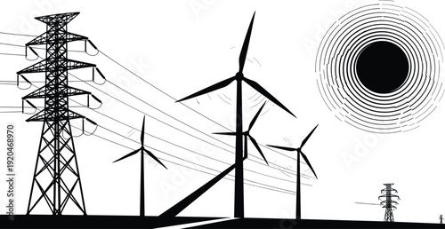 Wind turbines and electricity transmission tower landscape silhouettes, renewable energy power grid vector illustration isolated, sustainable electricity 