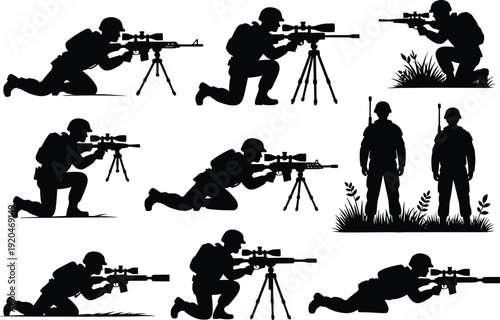Military sniper soldier silhouettes collection, tactical army shooter poses with rifle and tripod, black combat vector isolated on white background