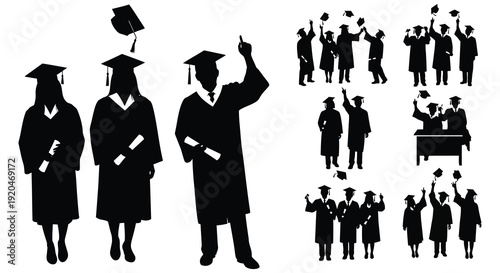 A collection of graduating students in black gowns and caps celebrating their achievement in a striking silhouette high quality professional detailed