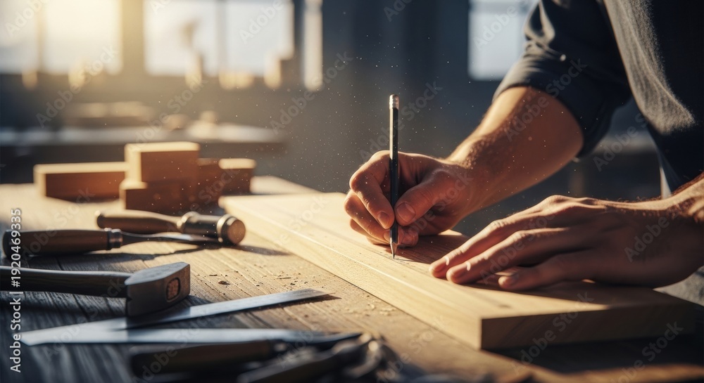 Obraz premium Woodworker Marking Measurements on Timber Plank with Pencil in Studio
