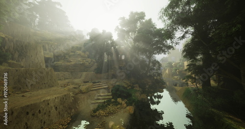Sunlit stone terraces beside winding river, misty morning light filters through canopy, ancient masonry draped in moss, quiet reflective water mirrors ruins,