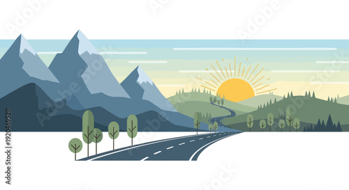 A scenic landscape depicts mountains a winding road and a bright sun all rendered as a striking silhouette high quality professional