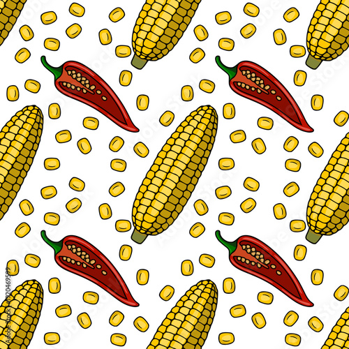 Vibrant vector pattern of whole corn cobs, chili peppers, and loose corn kernels on a white background.