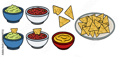 Set of Mexican dips and tortilla chips vector illustration