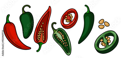 Set of vibrant red and green chili peppers, whole and sliced, with visible seeds, vector illustration