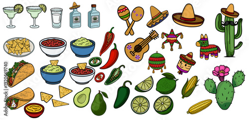 Festive vector set of Mexican food, drinks, and decorations for Cinco de Mayo