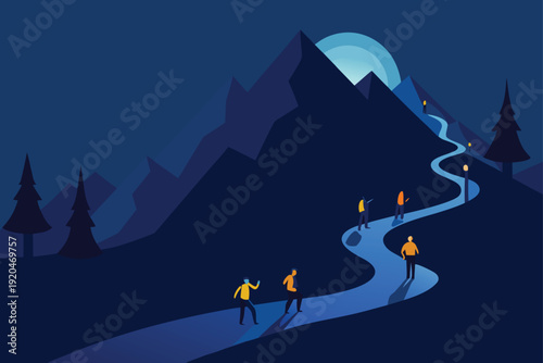 Midnight Hiking Trail with Glowing Headlamps