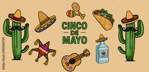 Festive Cinco de Mayo vector banner with cactus, sombrero, pinata, guitar, and tequila