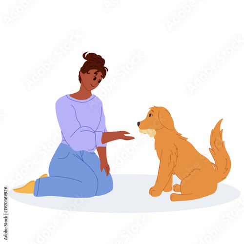 Young woman playing with her dog, training him to give a toy, spending time together. Cute daily moments of pet care and fun. Flat vector cartoon illustration for lifestyle design, apps