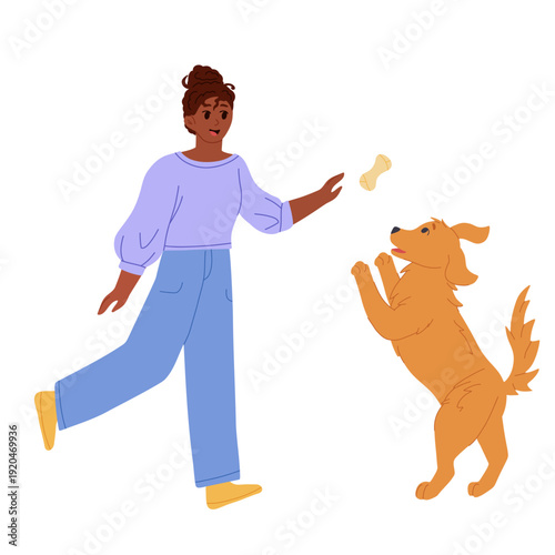 Young woman playing with her dog, throwing a toy, spending time together. Cute daily moments of pet care and fun. Flat vector cartoon illustration for lifestyle design, apps, web and print