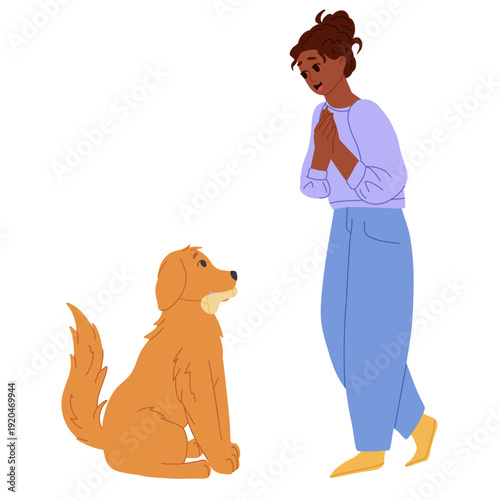 Young woman playing with her dog, throwing a toy, spending time together. Cute daily moments of pet care and fun. Flat vector cartoon illustration for lifestyle design, apps, web and print