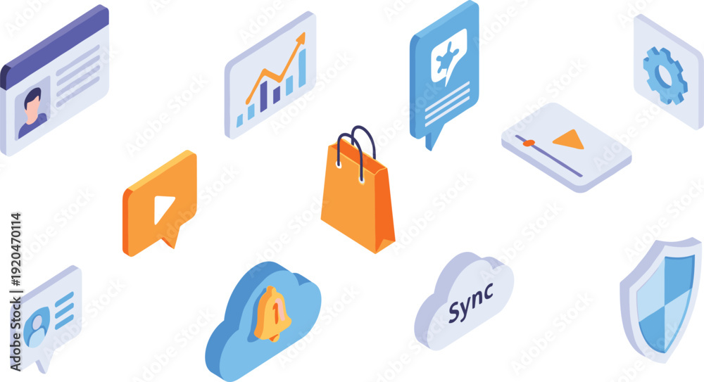 Fototapeta premium Isometric Mobile App UI Icons with User Profile, Cloud Sync, Notification Bell, Security Shield, Settings, and Online Shopping Elements for Digital Interface Design.