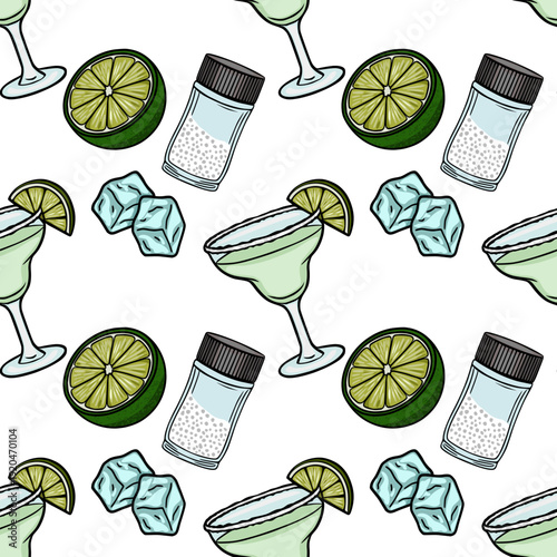 Seamless vector pattern of refreshing margarita cocktails with lime slices, salt shakers, and ice cubes