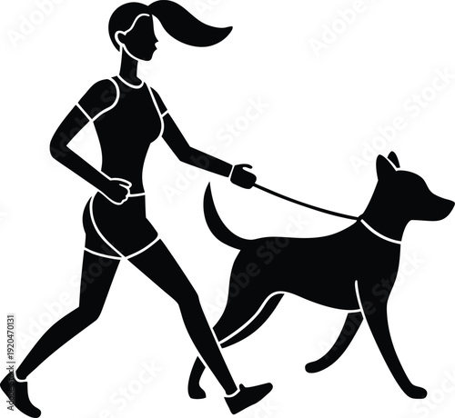 Active woman with her dog running on a scenic nature trail, enjoying a healthy outdoor lifestyle and exercise