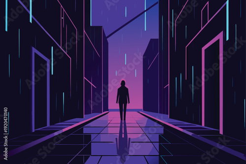 Neon Silhouette Figure in Futuristic City
