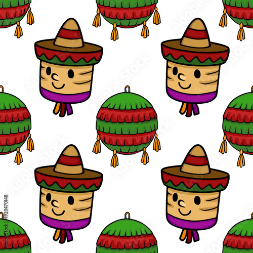 Festive Cinco de Mayo vector pattern with cute pinatas wearing sombreros and colorful tassels.