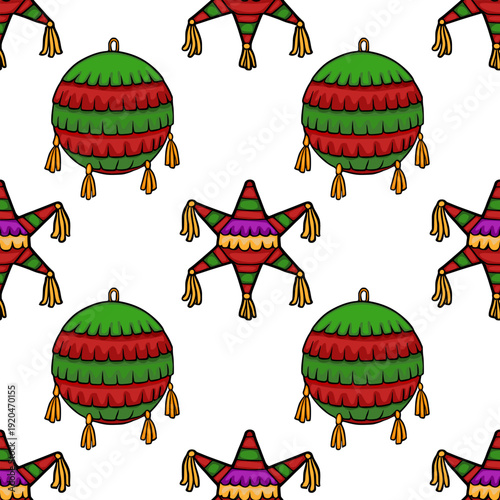 Festive Cinco de Mayo pinata vector pattern with colorful star and round shapes, traditional Mexican celebration illustration.