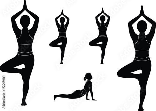 Yoga pose silhouettes, tree pose and upward dog, mindfulness fitness illustration, balance meditation concept, healthy lifestyle design