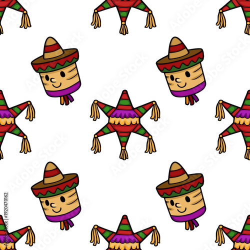 Festive vector pattern with colorful pinatas and sombreros on white background