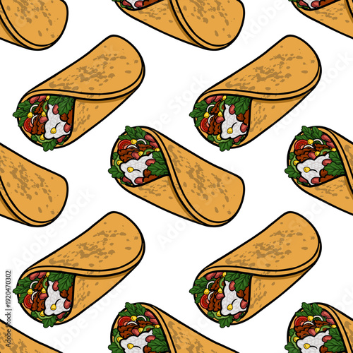 Seamless vector pattern of delicious burritos filled with fresh ingredients, cartoon style
