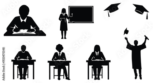 A collection of black silhouettes depicting graduation study and celebration with academic symbols silhouette high quality professional detailed modern elegant stylish