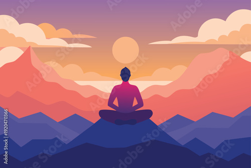 Meditation on Mountain Peak at Sunrise