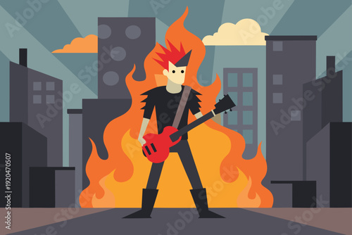 Punk Rock Guitarist in Urban Alley Fire Scene