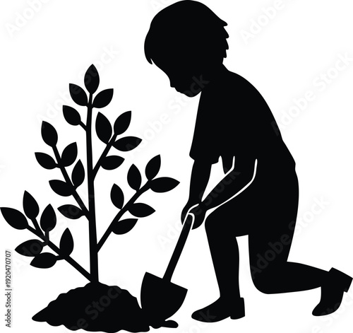 Young boy happily planting a small tree in fertile soil, concept of environmental protection and growth, flat vector illustration.