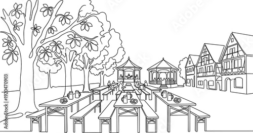 Traditional German Biergarten Summer Monoline Background