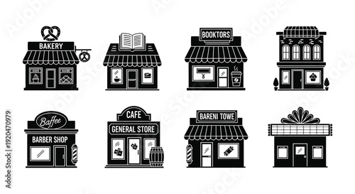 A collection of diverse storefronts including a bakery cafe and bookstore presented in a stark silhouette high quality professional detailed modern