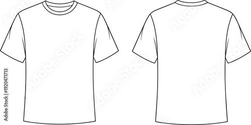 Blank white t-shirt, front view, back view, fashion CAD, garment sketch, apparel design, technical drawing, menswear basics, clothing template, textile silhouette, casual wear, crewneck tee