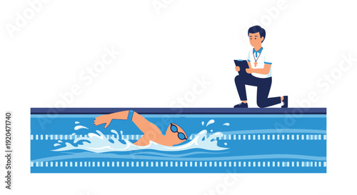 A swimmer practices the freestyle stroke while a coach observes with a clipboard presented as a silhouette high quality professional detailed