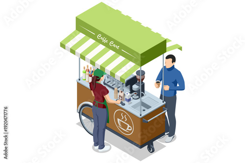 Coffee cart with customer. Isometric coffee cart with barista and customer. Street beverage stand with espresso machine and takeaway cup.