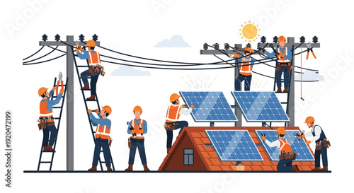 Linemen and technicians installing solar panels on a rooftop showcasing renewable energy infrastructure a flat silhouette high quality professional detailed