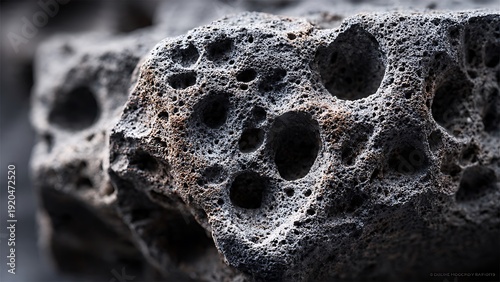 Ultra detailed macro of rough volcanic pumice rock with porous holes. Natural geology texture background for science and design use.