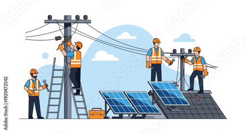 Linemen installing solar panels on a rooftop under power lines depicted in a bold illustrative silhouette high quality professional detailed modern