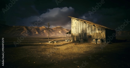 Billede på lærred derelict shelter on barren plain, broken wheel and scattered debris beside weath