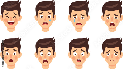 Male Cartoon Face Emotions Set with Different Facial Expressions for Emoji, Avatar Creation, Feeling Reaction, and Character Animation Design.