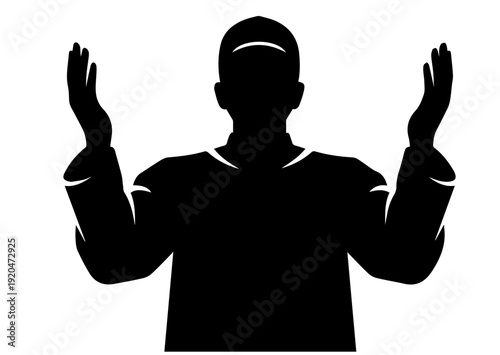 Man gesturing with raised hands in silhouette