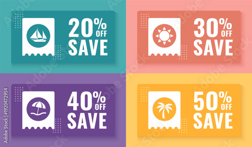 Summer Sale Discount Coupon Set 20 30 40 50 Percent Off Tickets with Travel and Beach Icons. Vector illustration.