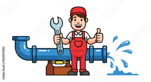 A cheerful plumber with a wrench fixes a leaking pipe giving a thumbs up cartoon silhouette high quality professional detailed modern elegant