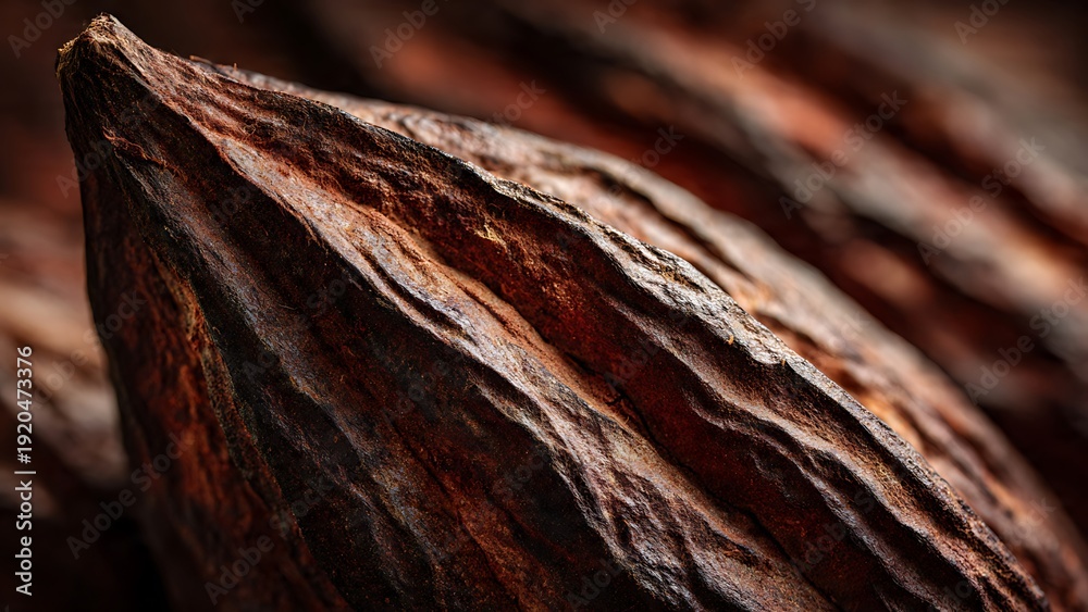 Obraz premium Cacao pod skin macro with rugged ridges and earthy brown texture. Chocolate ingredient background for agriculture and food concepts.