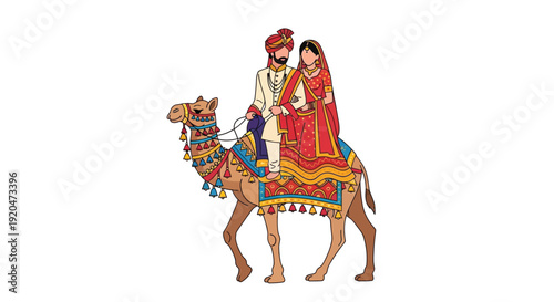 A vibrant illustration depicts a traditional indian wedding couple riding a decorated camel a striking silhouette high quality professional detailed modern
