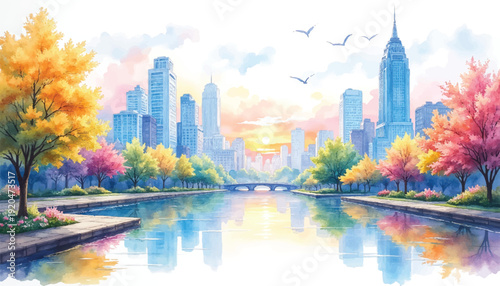 Watercolor painting of city skyline river.