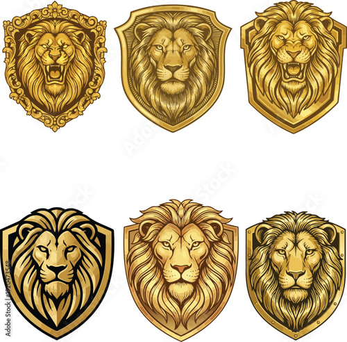Web Golden lion head heraldic crest bundle, royal shield emblems and luxury animal mascots set