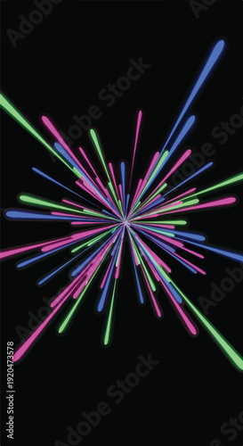 Abstract explosion of colorful neon light streaks emanating from a central point against a black background, dynamic motion effect