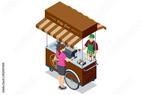 Coffee cart with customer. Isometric coffee cart with barista and customer. Street beverage stand with espresso machine and takeaway cup.